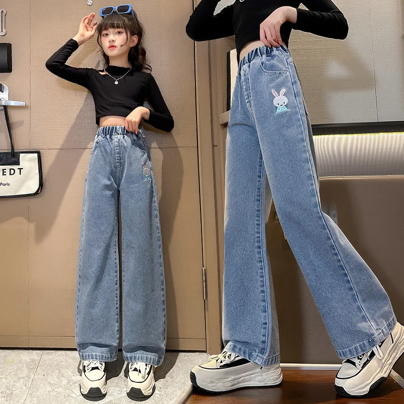 

Teen School Girls Jeans Black Gradient Wide Leg Pants for Kids Spring Autumn Fashion Casual Children Trousers 10 12 Years