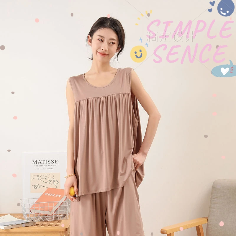 Women's Sleeveless Pajamas Set Cotton Summer Thin Section Round Neck Loose Shorts Comfortable Loose Sexy and Casual Sleepwear