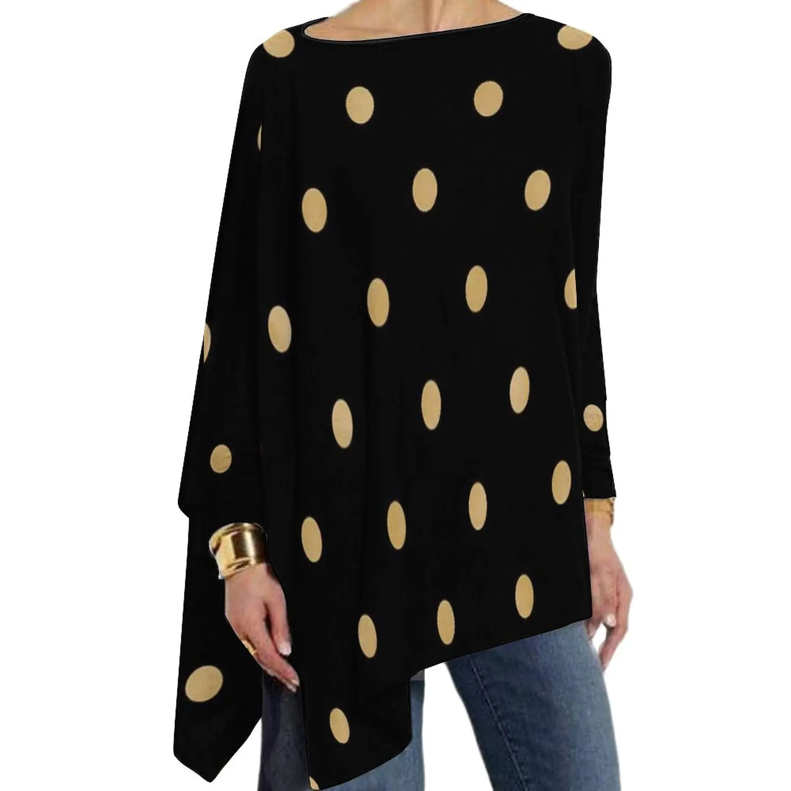 

Gold Dot Print T-Shirt Polka Dots Y2K Long Sleeve T Shirts Ladies Korean Fashion Tee Shirt Big Size Custom Clothes