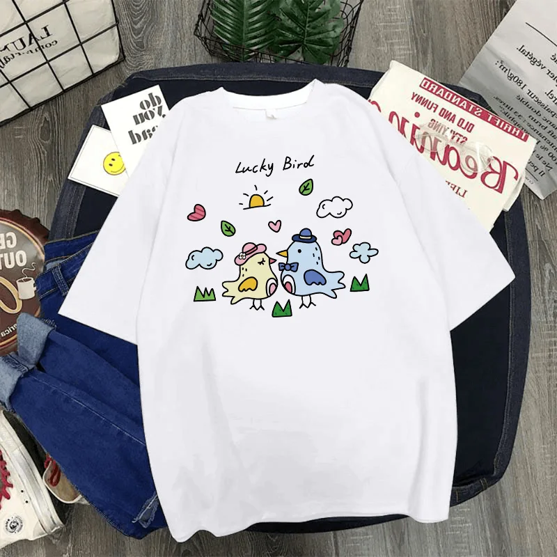 

Korean Style Woman Tshirts Women Summer Short Sleeve Lucky Bird Printed O-Neck Tops T Shirt Femme T-Shirts Literary Style