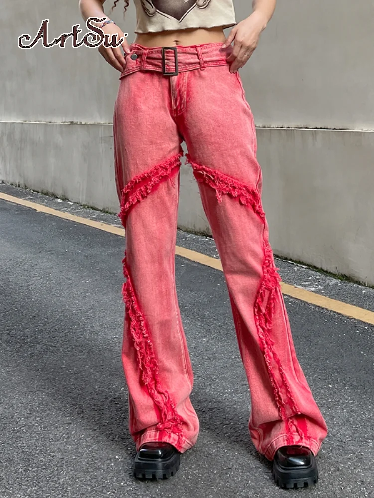 

Artsu Red Washed Belt Low Waist Y2K Flared Jeans Woman Grunge Distressed Denim Trousers Vintage Casual Streetwear Pants 90s