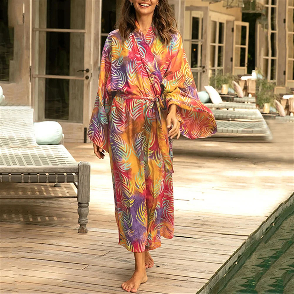 2022 Bohemian Print White Beach Bikini Cover Up Dress Tunic Long Pareos Bikinis Elegant Self Belted Kimono Robe Plage Beachwear |