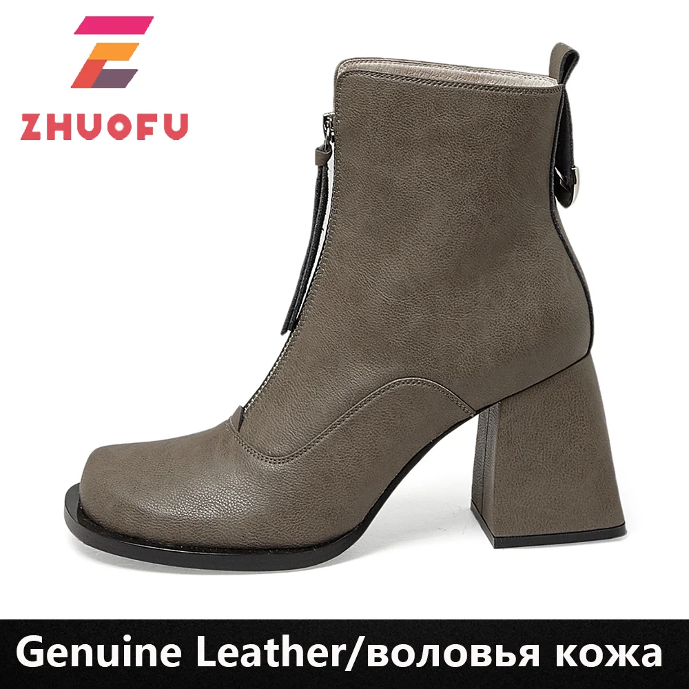 

ZHUOFU 2023 Women Ankle Boots Autumn Winter Office Ladies Splicing Genuine Leather Fashion Front Zipper High Heeled Shoes Woman