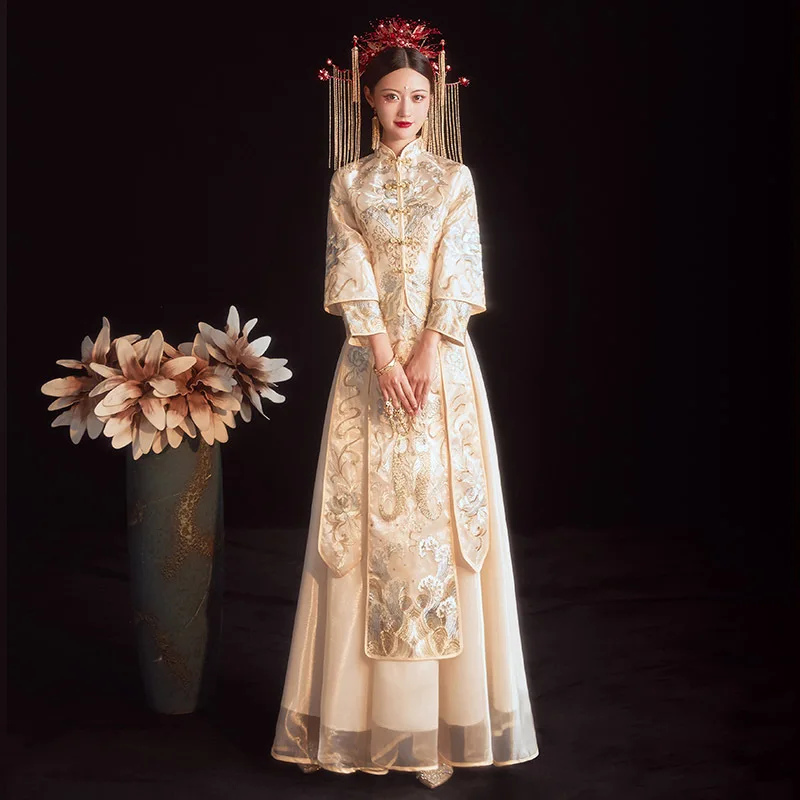 Couple Vintage Modern Champagne Qipao Chinese Wedding Dress Traditional Women Oriental Cheongsam