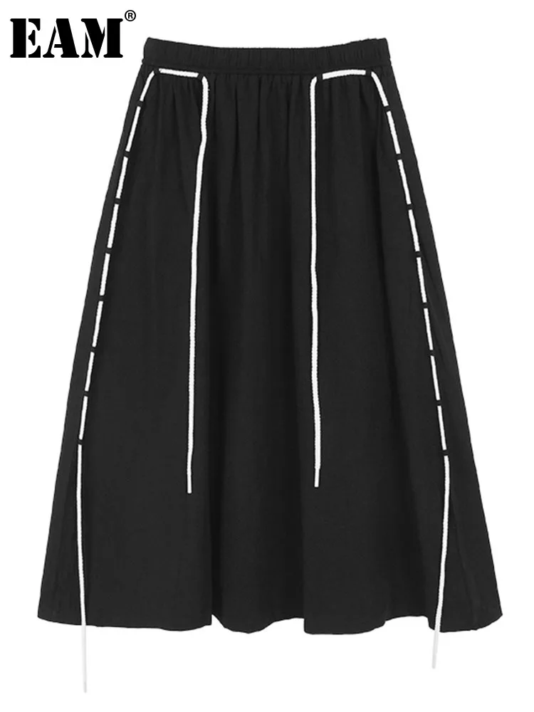 

[EAM] Women Black Drawstring Color-block Half-body Skirt High Elastic Waist Loose Fashion Tide New Spring Summer 2023 1DF9334