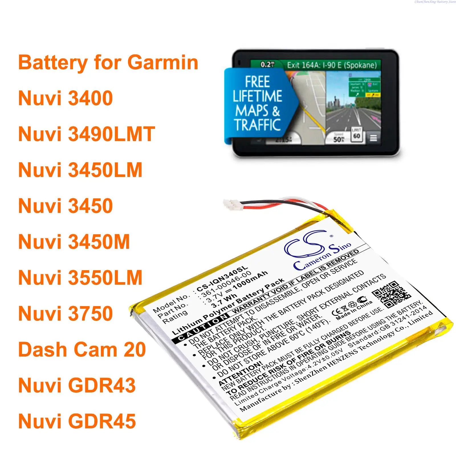 

Cameron Sino 1000mAh Battery for Garmin Nuvi 3400, Nuvi 3450, Nuvi 3450LM, Nuvi 3450M, Nuvi 3490LMT, Nuvi 3550LM, Nuvi 3750