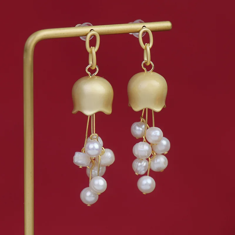 

Vintage Fashion Natural Pearl Blue Bell Flower Design Pendant Earrings Women 2022 New Korean Earrings Girls Jewelry Accessories