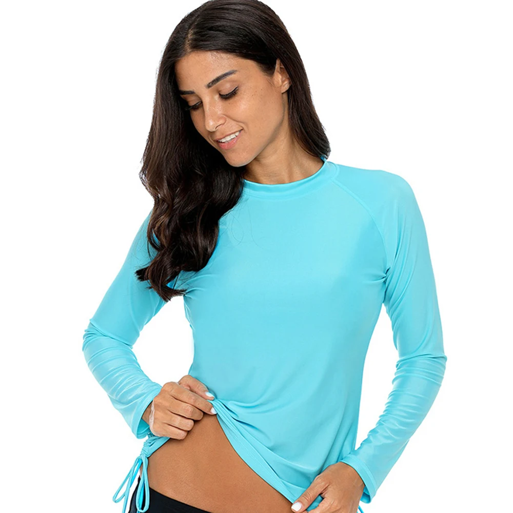 New Women's Fashion Solid Color Split Long Sleeve Sunscreen Swim Surf Top Stretch Comfortable Quick Dry Beach Fitness Surf Top