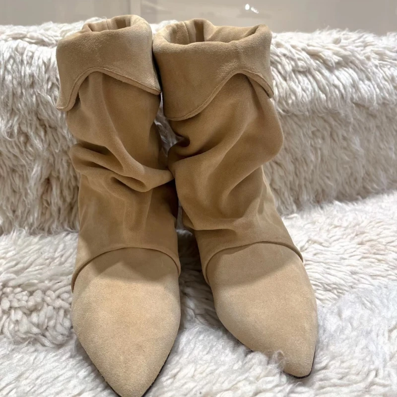 Женские дизайнерские ботинки со складками удобные короткие Ботинки на каблуке в