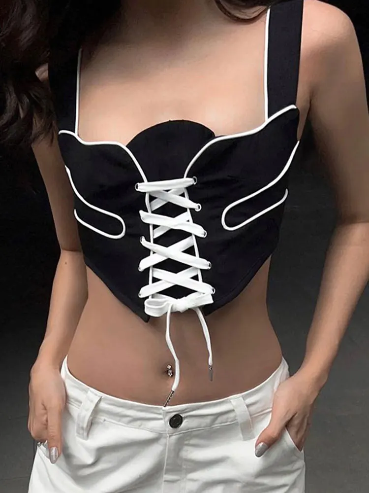 

Укороченные сексуальные женские майки на шнуровке в стиле Харадзюку, бандажный женский топ на бретелях, женский летний клубный Топ 2023 Y2k