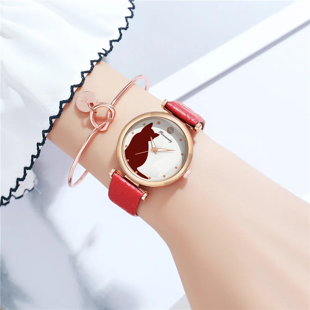 Модные женские часы с милым котом кварцевые наручные кожаным ремешком для женщин