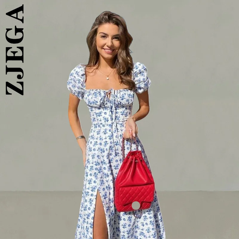 

Платье Zjega женское с цветочным принтом, винтажный наряд с завязкой спереди, с высоким разрезом, с пышными рукавами