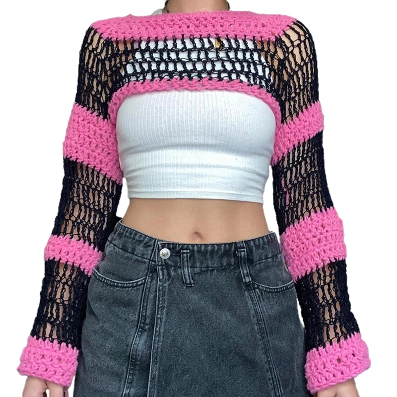 

Contrast Color Stripe Cover Ups for Women See Through Crochet Shrug Sweater Hollow out Smock Sweater Patchwork Crop Tops