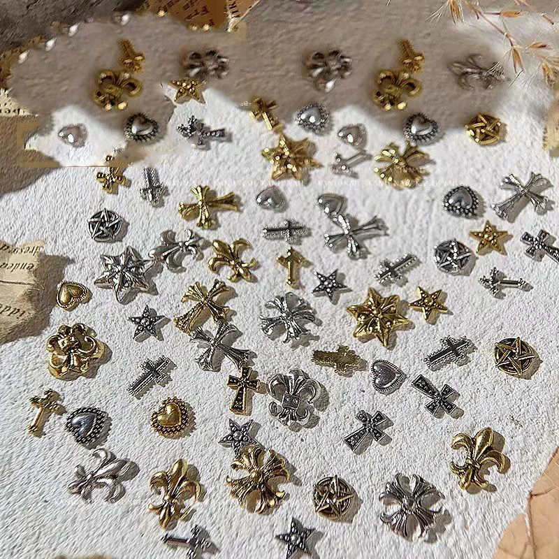 

50pcs mixed Retro Gold Silver Nail Charms Accessories Nail Diamond Rivet Metal Punk heart-shaped Cross Nail Art Alloy Nail Deco