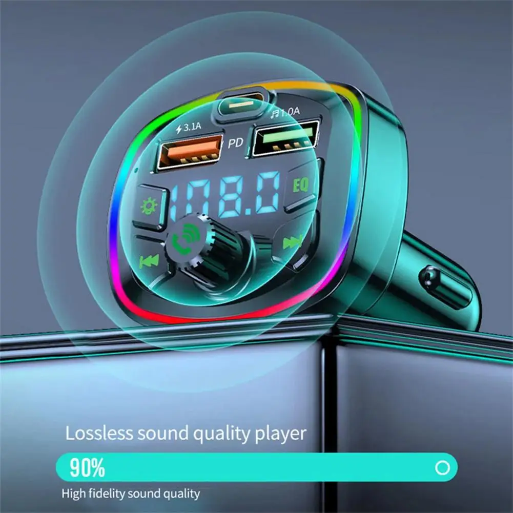 car bluetooth compatible pd 18w type c dual usb 4 2a charger fm transmitter colorful ambient light cigarette lighter mp3 player free global shipping