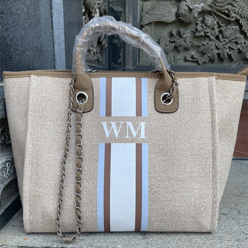 

Personalized Monogram Tote Bag Customised Chain Handbag White Stripe Initials Beach Holiday Canvas Tote Bag Bride Gifts