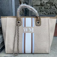 Personalized Monogram Tote Bag Customised Chain Handbag White Stripe Initials Beach Holiday Canvas Tote Bag Bride Gifts