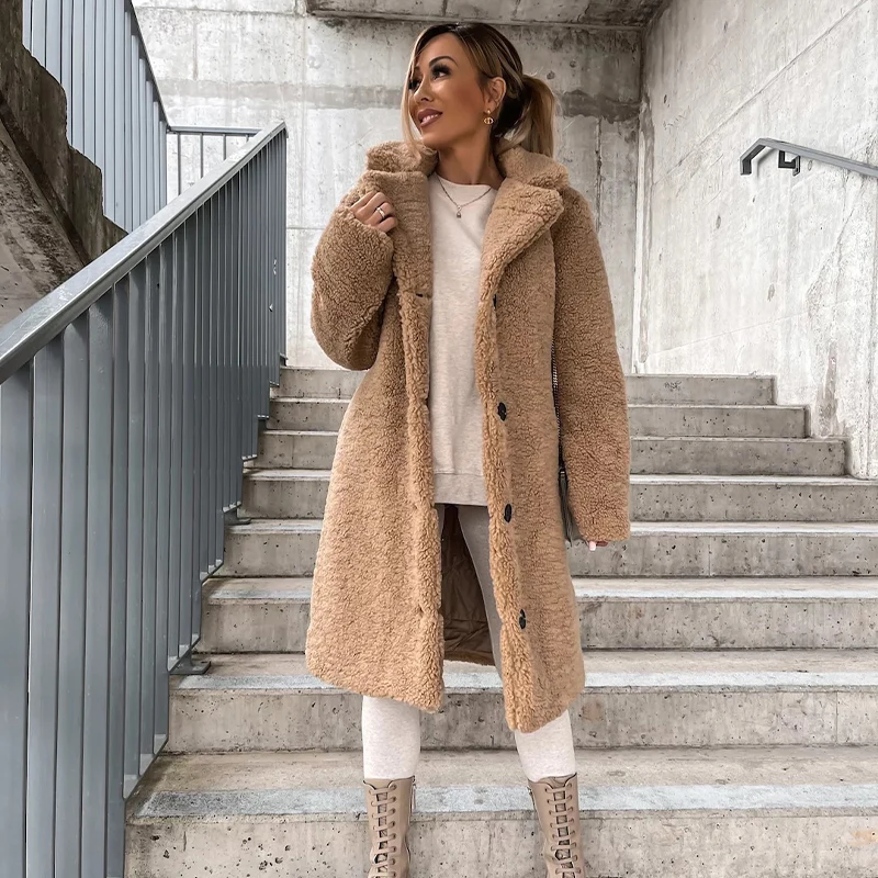 Mid-length Woman Faux Fur Coat 2022 Warm Thick Fluffy Women Outerwear Lapel Long Sleeve Female Teddy Bear Jacket Casual Winter