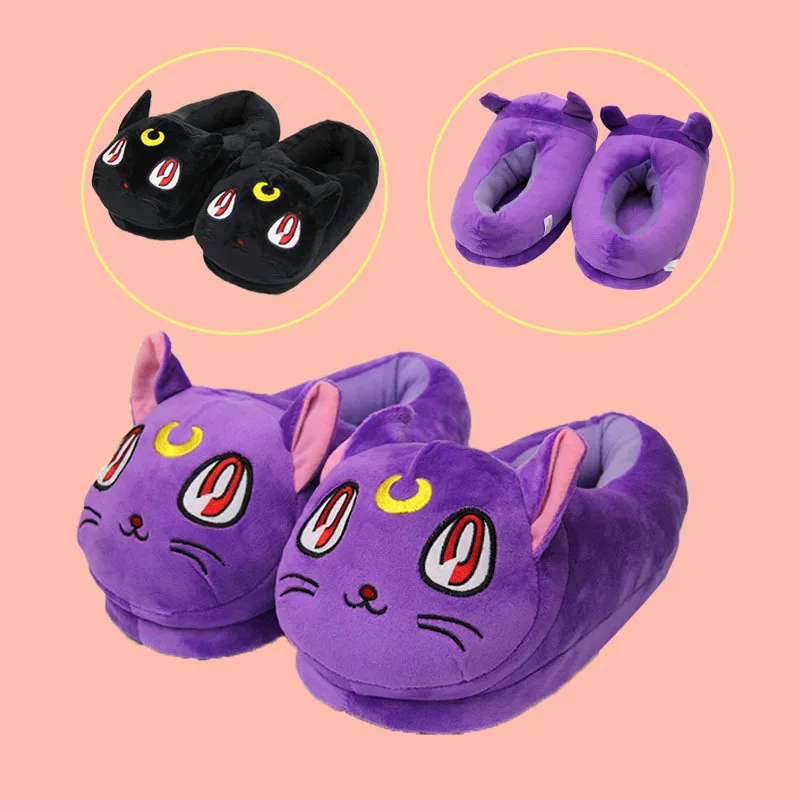 

28cm Anime Cartoon Sailor Moon LuNa Cat Tsukino Usagi Plush Slippers Purple Cute Winter Cotton Slippers Cat Girl Home Shoes