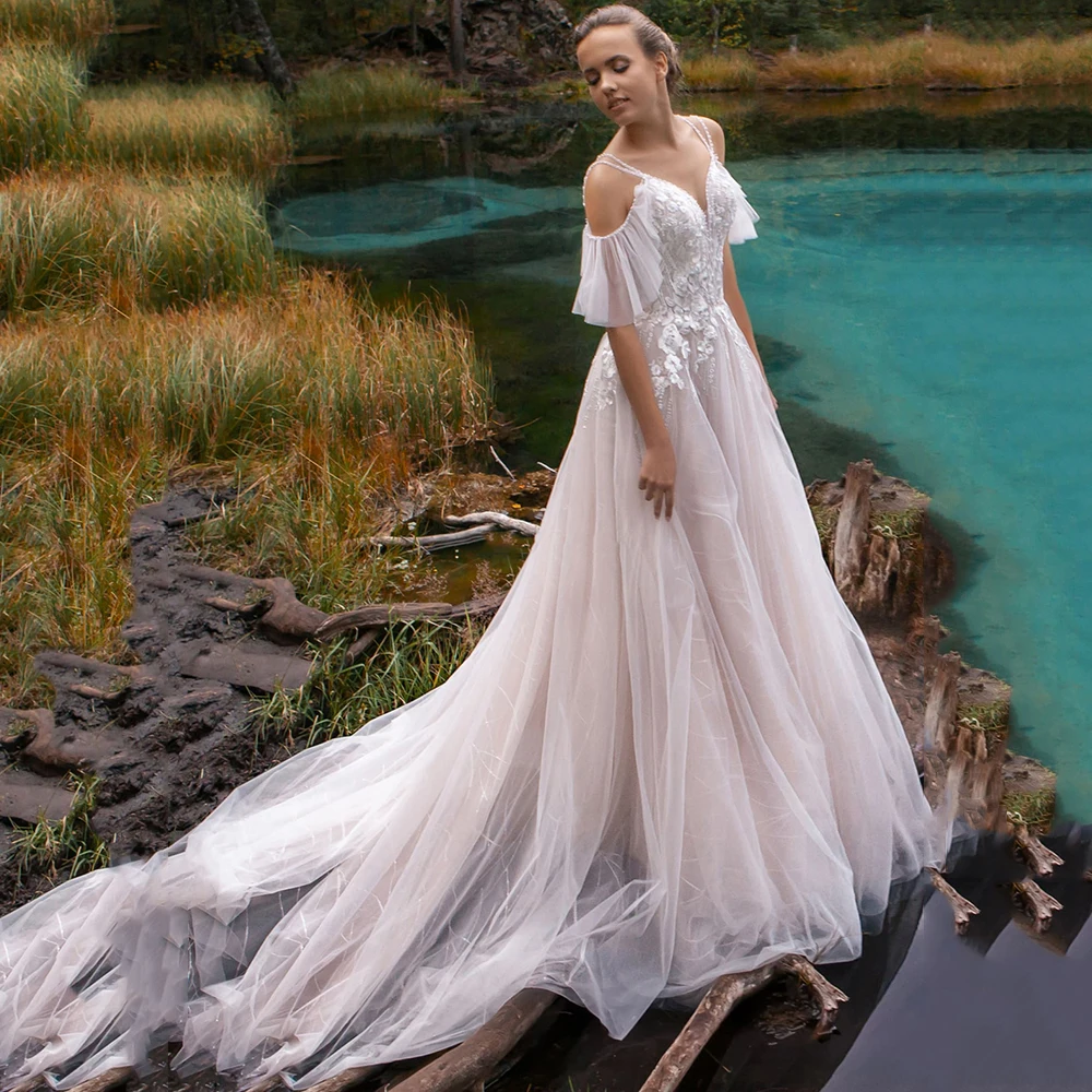 

Thinyfull Luxury Off the Shoulder Wedding Dresses Boho V-neck Beading Straps 3D Flowers Open Back Bridal Gowns Robe de Mariee