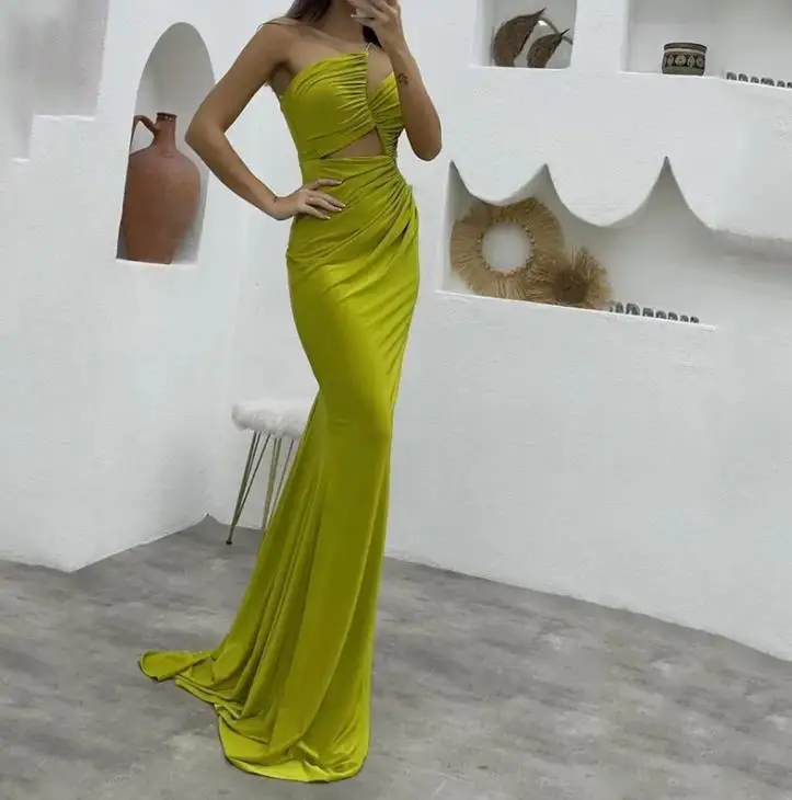 

Sexy Dresses for Women 2023 Summer New Fashion Vestidos Solid Color Oblique Shoulder Irregular Open Backpack Hip Wrinkles Dress