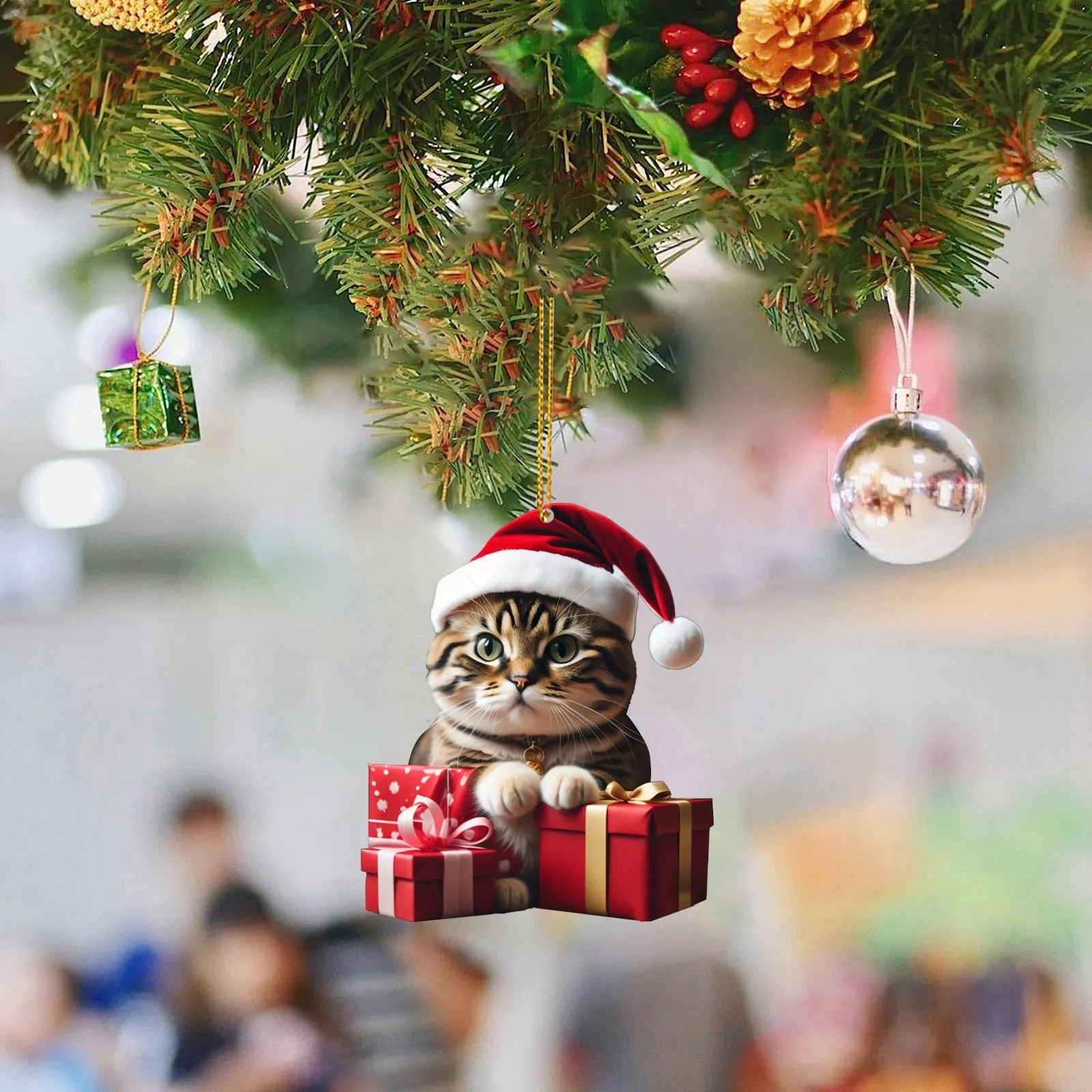

2D Акриловый мультяшный Кот, рождественская елка, кулон, рождественский мультяшный милый Рождественский головной убор, кошка, двойная печать, 2D белый слон, подарок