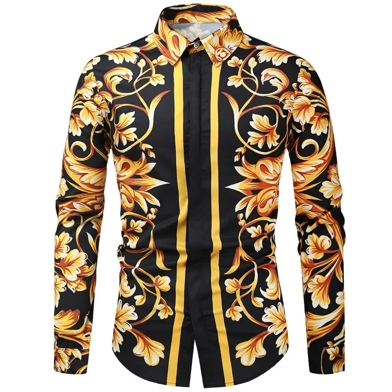 Luxury Golden Pattern Hawaiian Shirts For Men Colorful 3D Printed Blouse Casual Loose Aloha Long Sleeves Streetwear Tops