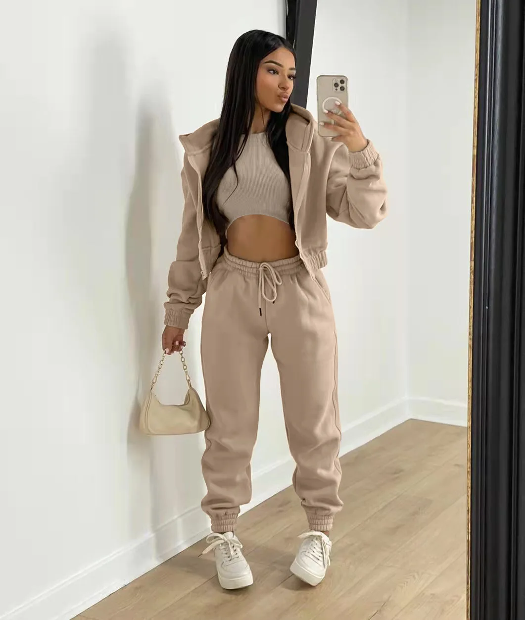 

Women's Three Piece Fleece Hooded Casual Sportswear Solid Color Vest + Jacket + Pants 2022 New Winter Suit Outdoor Streetwear