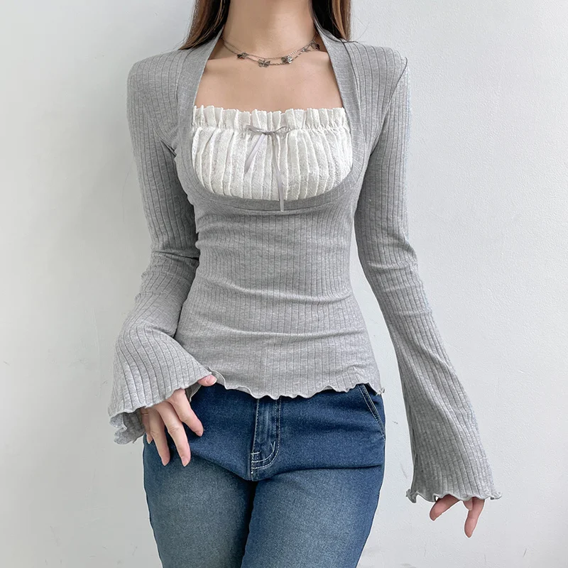 

New - Women's long-sleeved square neck T-shirt, street clothing, elegant, Kawai, garbage fairy, rib top, Y2K, 2000s