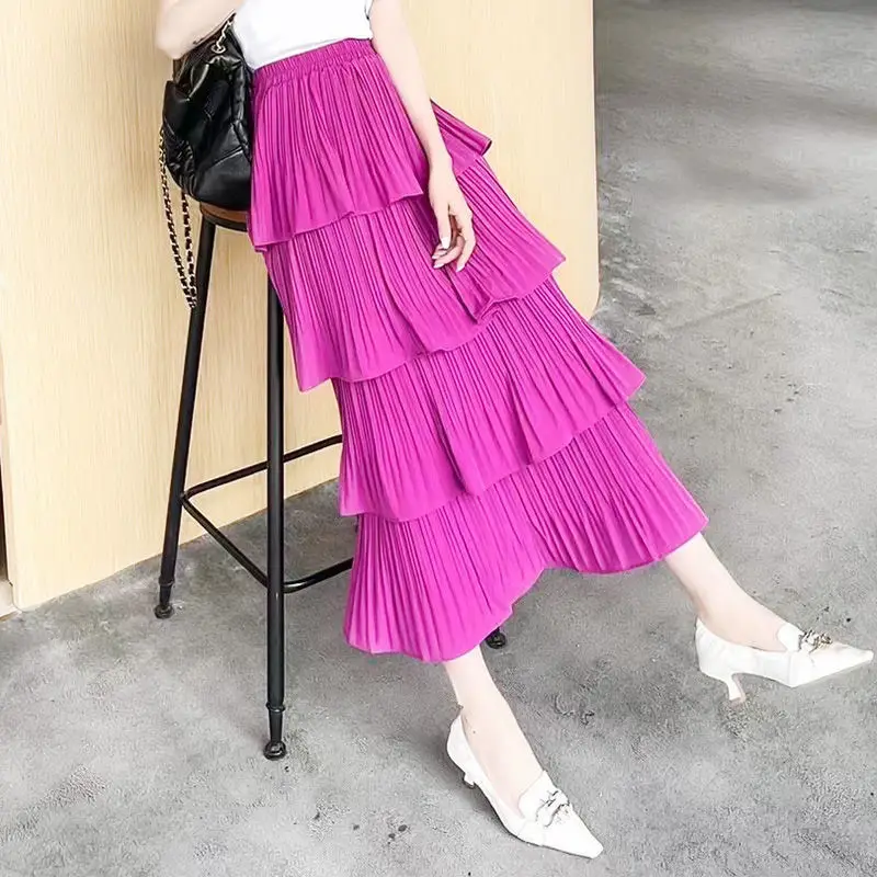 

Женская шифоновая юбка средней длины, четырехслойная облегающая однотонная плиссированная юбка-трапеция в Корейском стиле с высокой эластичной талией, Y2k, весна-осень