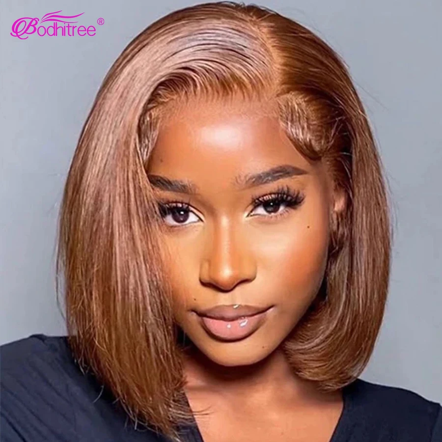Straight Short Bob Wig Chocolate Brown Lace Front Wig Transparent Bone Straight 4X4 Closure Wig Raw Indian Hair Wigs For Women