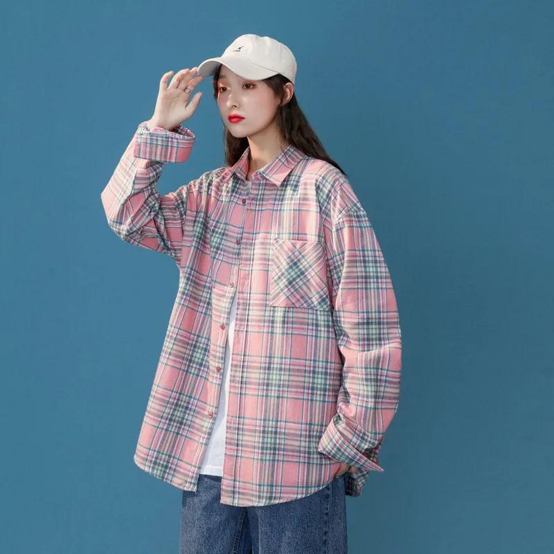 

Female Autumn Street Blouse Women Shirts Vintage Oversized Plaid Soft Chic Turn-down Collar Shirt For Women Casual Korean Tops