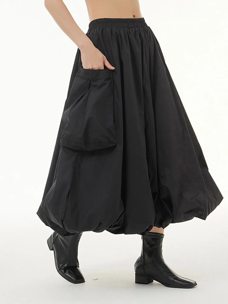 

High Elastic Waist Black Pocket Big Hem Casual Long Half-body Skirt Women Fashion Tide New Spring Autumn 2022 N995
