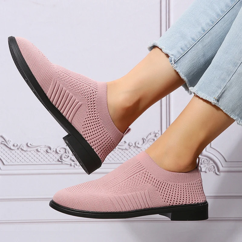 

Летящие женские вязаные дышащие туфли на плоской подошве, повседневные туфли-лодочки, женские легкие удобные туфли для мам, Женская однотон...