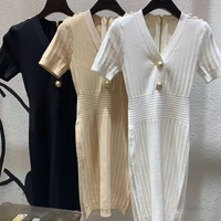 Black White Beige V-neck Gold Button Stripes Elegant Mini Dresses 2022 Summer High Quality Vintage Women Slim Clothes