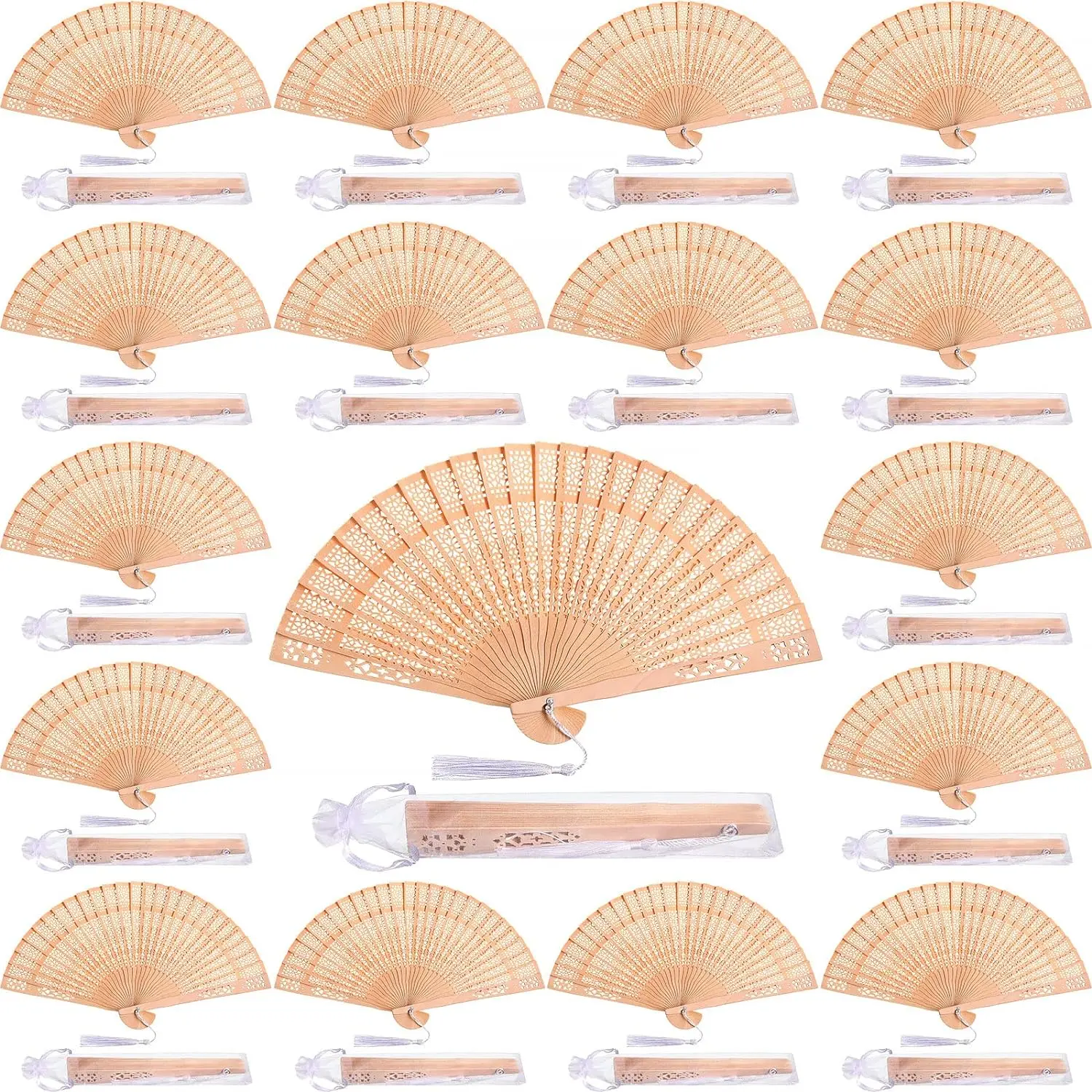 

Pieces Wooden Fans Hand Held Folding Fans Vintage Chinese Fans Hollow Pattern with White Tassel and Gift Bag for Wedding Guest,