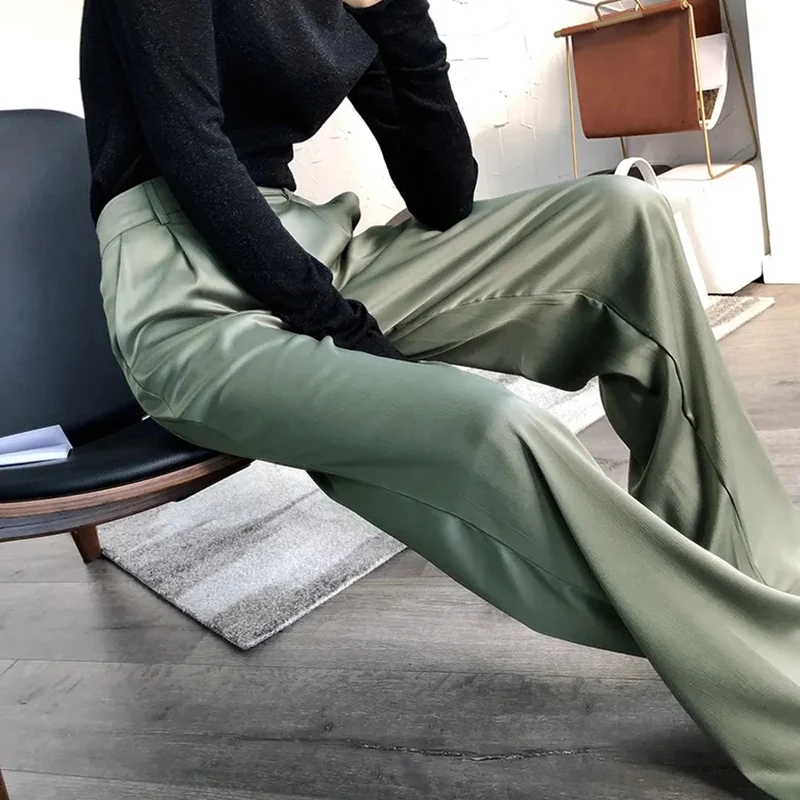 

Lucyever Green Silk Satin Suit Pants Women Korean Fashion High Waist Wide Leg Pants Woman 2022 Summer Office Casual Trousers