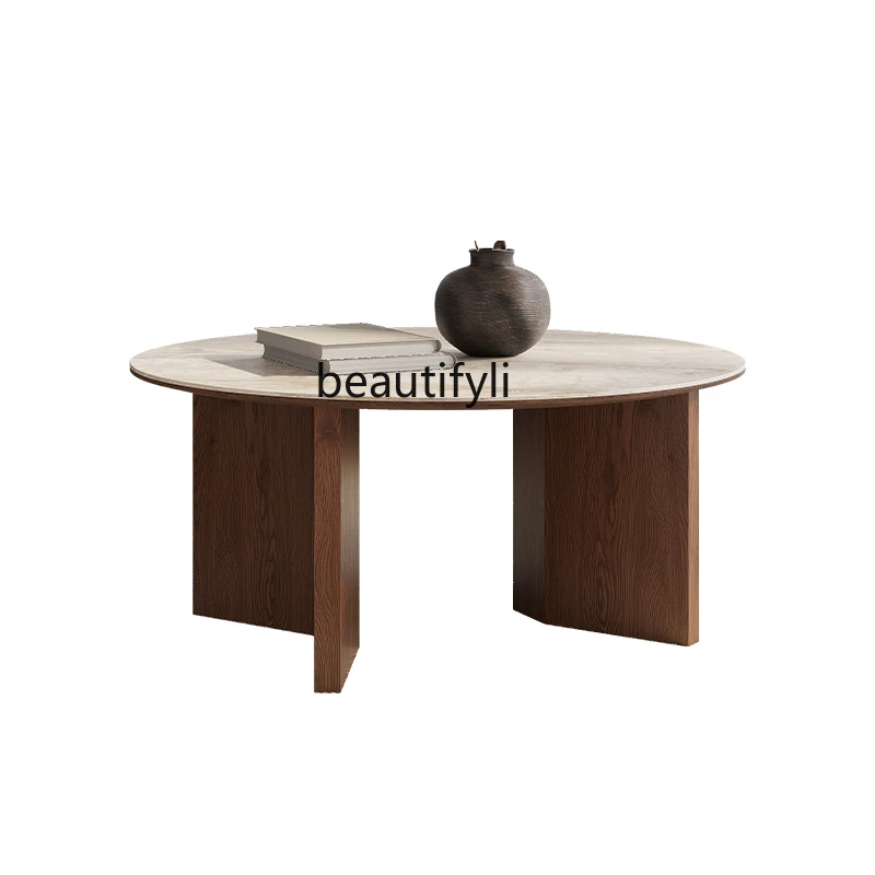 Круглый журнальный столик из цельного дерева во французском стиле ретро простой