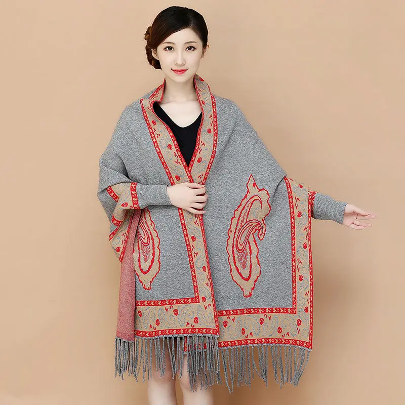 

Winter scarf women shawl cloak jacket autumn outer with red tassel belt sleeves printing casual warm long dual-use poncho tops