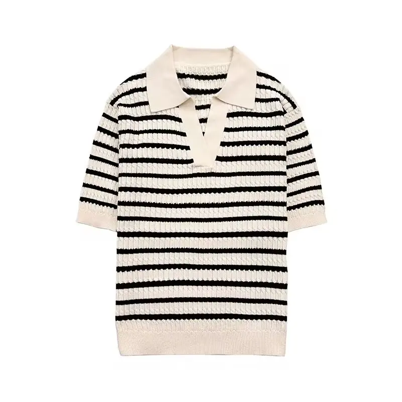 

Women 2023 Autumn New Fashion All-match Striped Knit Retro Short-sleeved Chic POLO Collar Casual Top Mujer