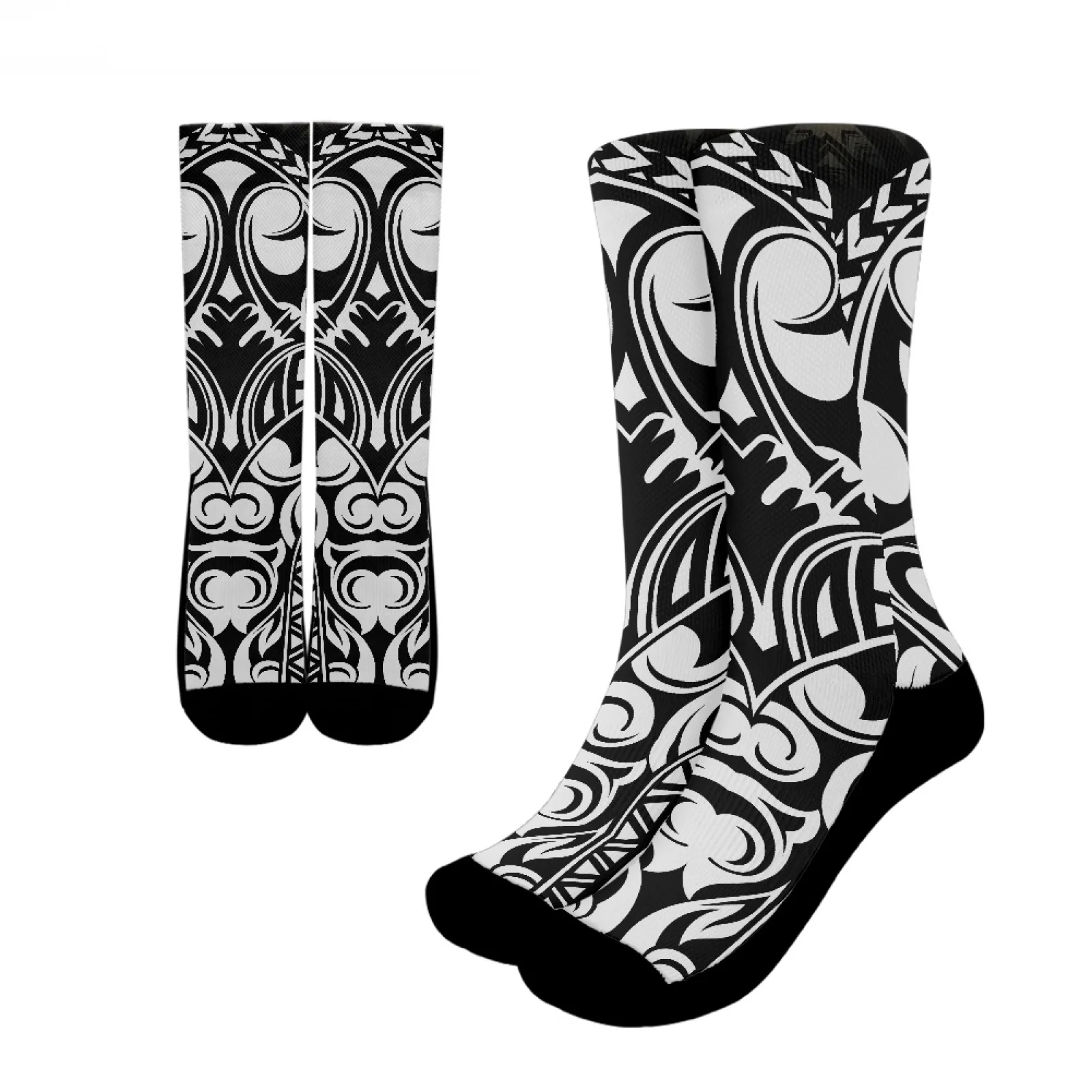 

Polynesian Tribal Pohnpei Totem Tattoo Prints High Quality Comfortable Keep Warm Black White Crew Socks Breathable Sports Socks
