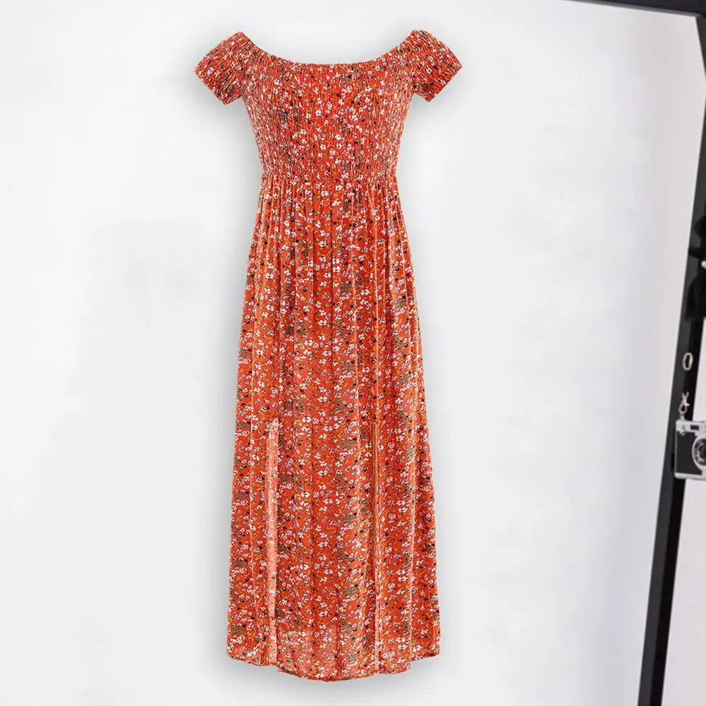

Elastic Chest Wrapped Short Sleeve Women Dress High Waist Split Flowy Hem A-Line Summer Off Shoulder Floral Print Maxi Boho Dres