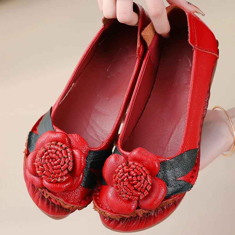 

Spring Summer Leather Cowhide Flower Designer Brand Flat Women Shoes Ethnic Style Woman Concise Flats Fashion Mother Shoes 2022