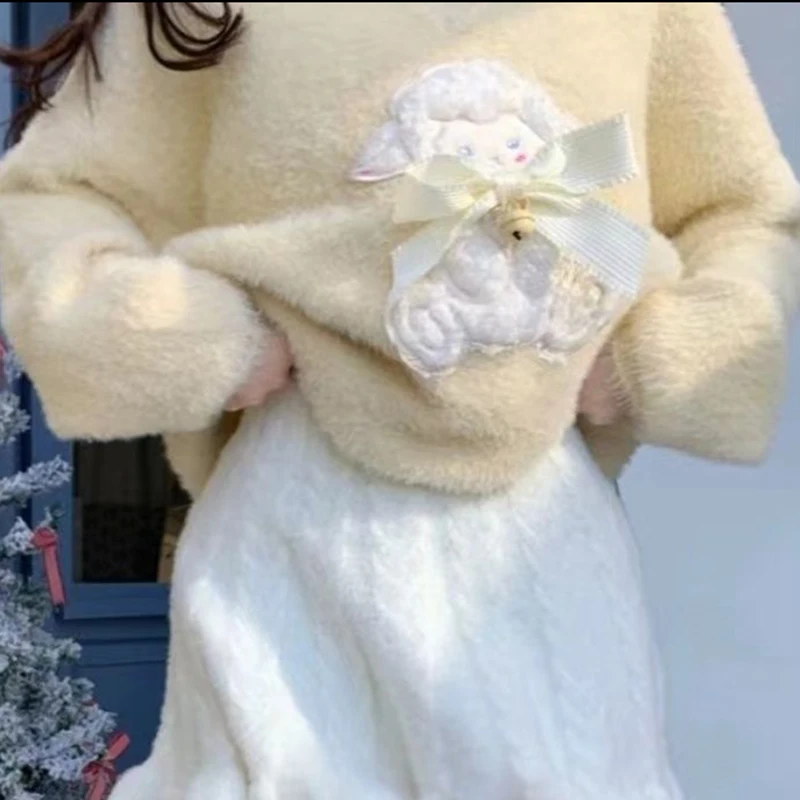 Мягкий восковой молочно-желтый свитер с v-образным вырезом и бантом новый зимний