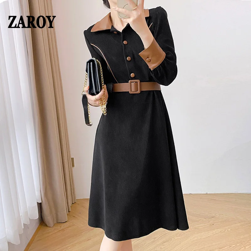 

ZAROY 2023 New Winter High Quality Corduroy Midi Dress Women Elegant Lapel A-line Dress With Belt Elegant Streetwear Vestidos