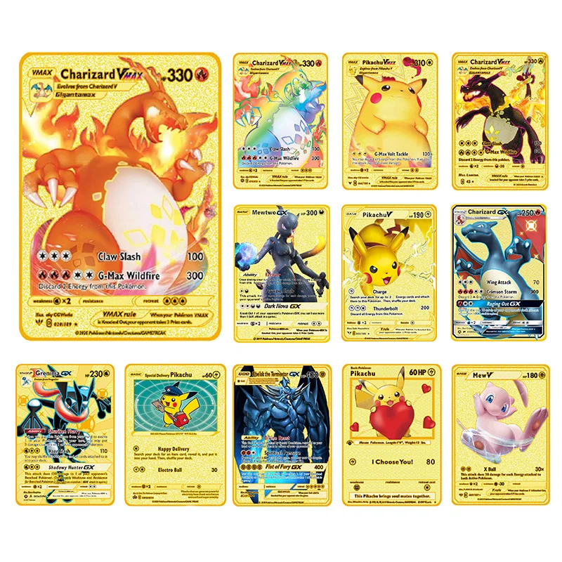 

Pokemon Gold Cards Kids Toys Hobbies English Mewtwo Pokemons Metal Card Game Child Toy for Children Charizard Vmax Pokemon Toys