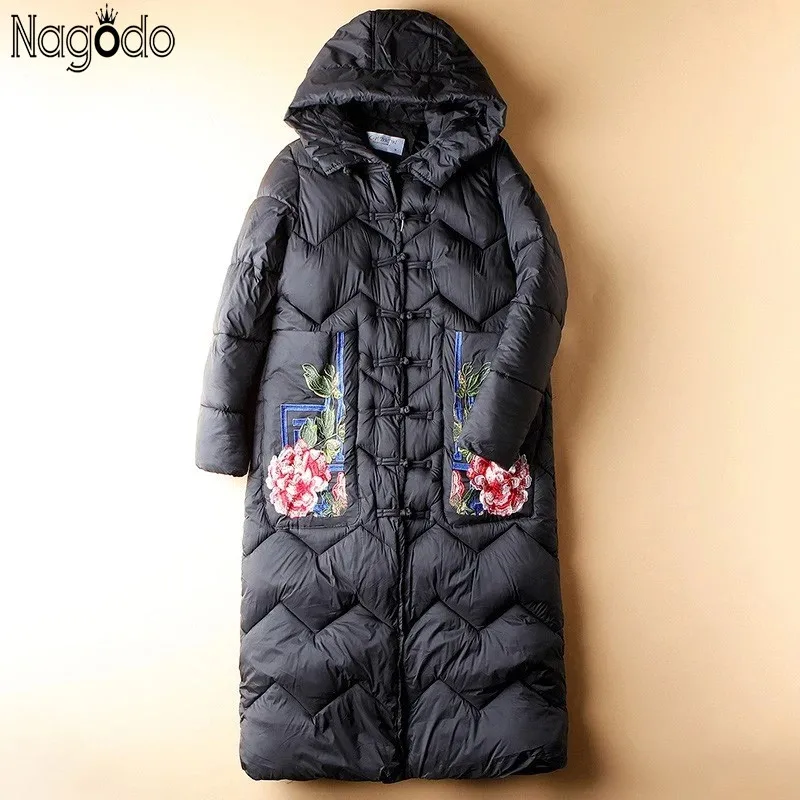 Nagodo Black Long Women Coat 2022 Winter Plate Buckle Embroidery Cotton padded Coat Women Knee length Ukraine Parka Bubble Coat