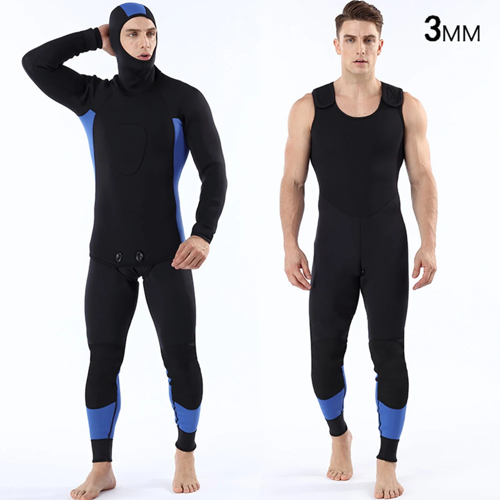 3mm Neoprene Wetsuit Men's Long Sleeve Split Hooded 2-Piece All Black Spliced Wetsuit Warm Cold Protection Surf Wetsuit 2022