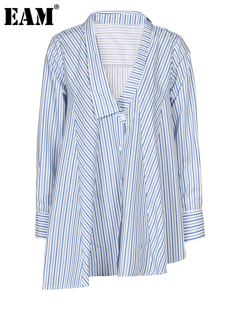 

[EAM] Women Blue Striped Big Size Irregular Blouse New V-neck Long Sleeve Loose Fit Shirt Fashion Spring Autumn 2023 7AB00305