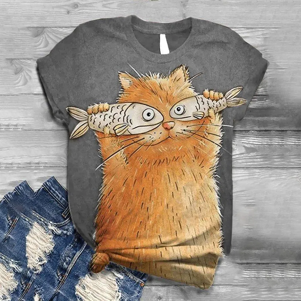 

O-Neck Sleeve 3D Animal Tops Printed Blouse Women T-Shirt Tee Size Short Women's Blouse